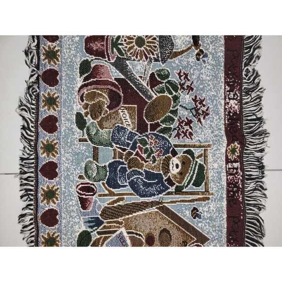 Vintage Tapestry Throw Rug Runner Teddy Bears And Potting Shed 32"x18" Cottage - Picture 3 of 5